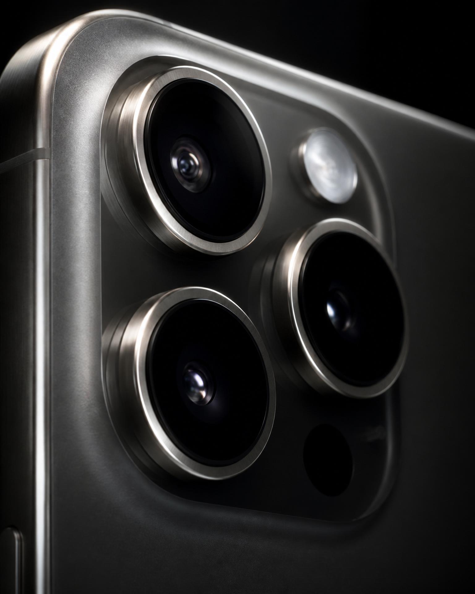 Detalhe da câmera de um iPhone Pro em titânio natural